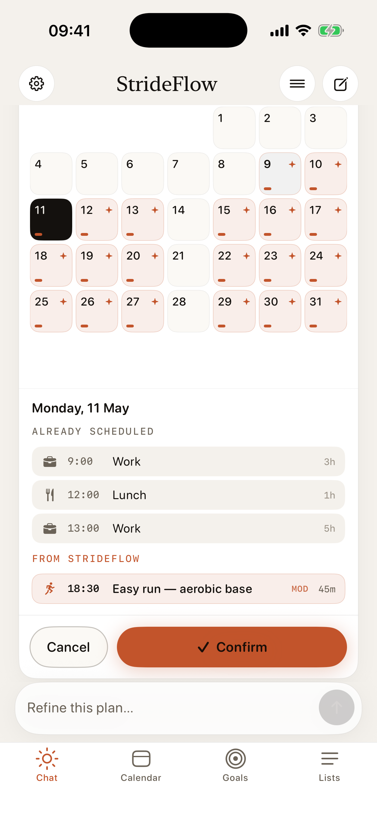 StrideFlow onboarding screen mapping weekly anchors like office hours and lunch breaks across the week.