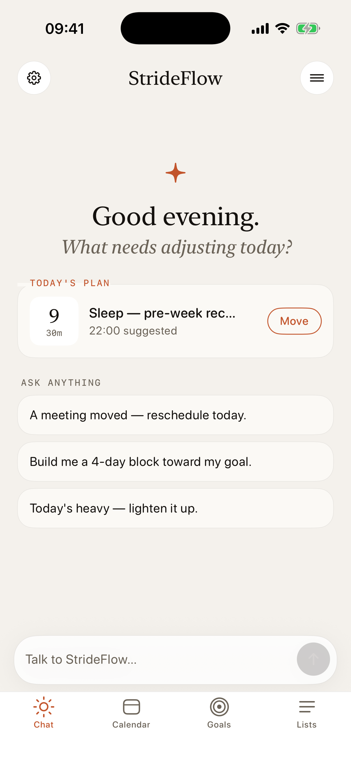 StrideFlow showing the moment a user’s first week of plans goes live.