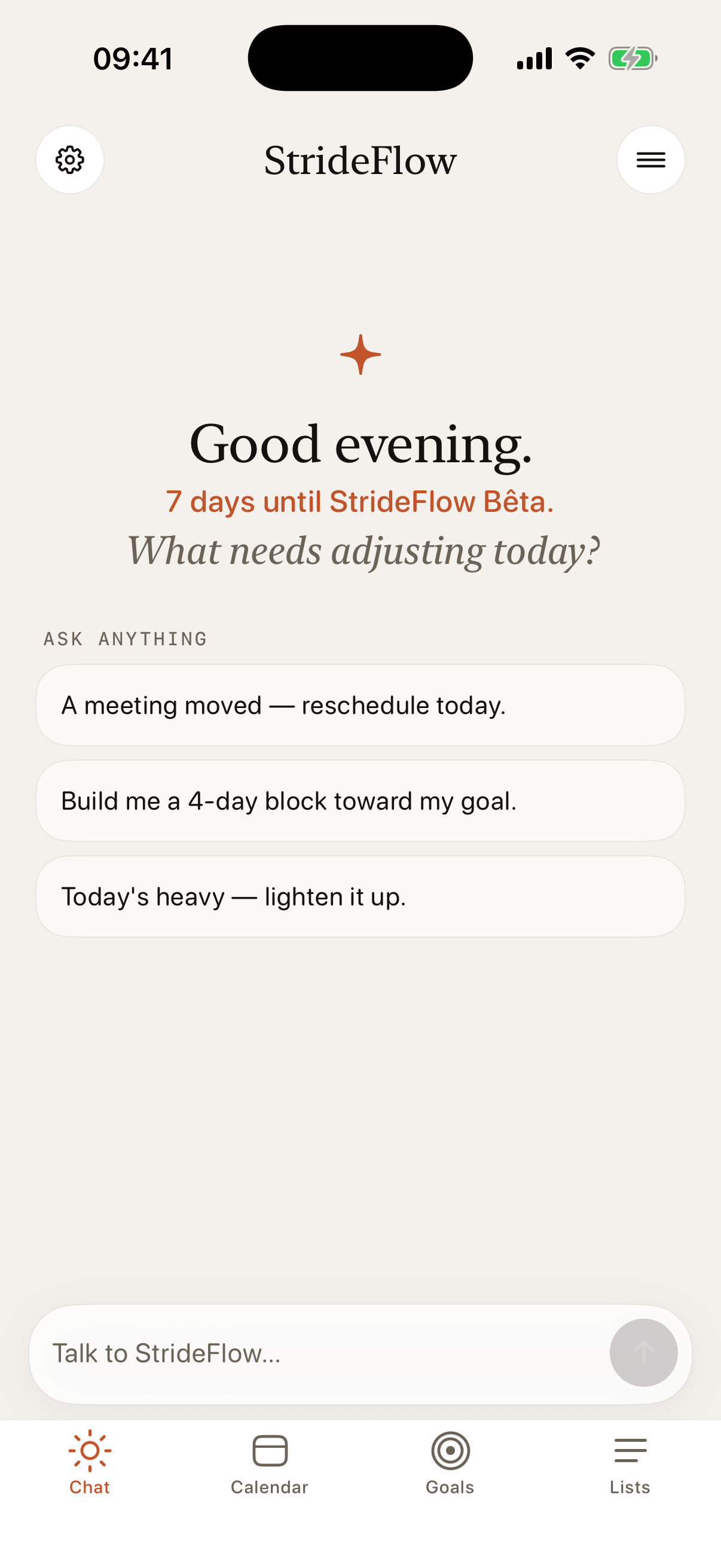 StrideFlow home screen showing the day’s plan, suggested sleep window, and quick prompts.